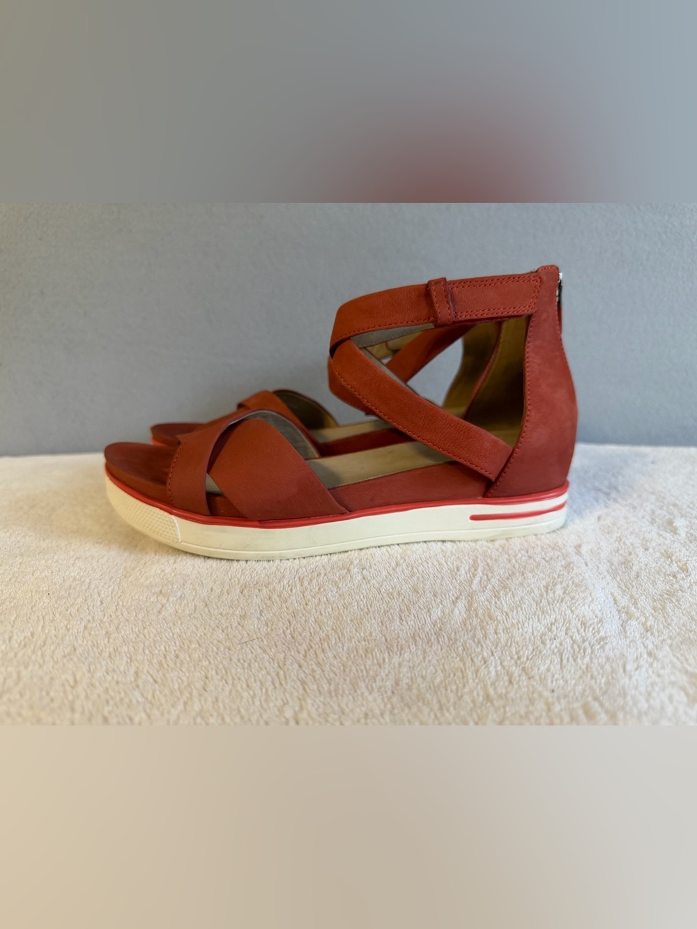 Eileen Fisher SALLY Wedge Sandals Back-Zip Leather Sz 8 Women Orange/White - Picture 2 of 9
